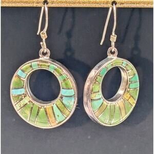 Vintage Signed M Sterling Silver Stone Inlay Southwest Donut Dangle Earrings